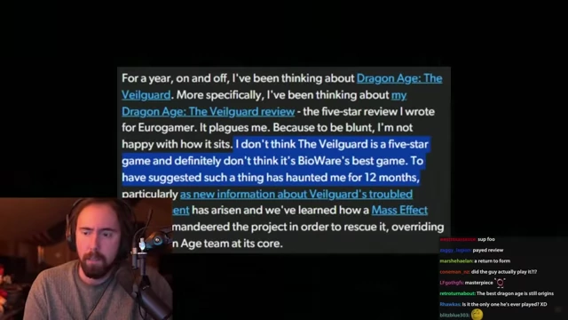 Eurogamer评论员Bertie承认《Dragon Age: The Veilguard》不是五星游戏，并对自己将其称为BioWare最佳游戏感到困扰，这一想法困扰了他12个月。