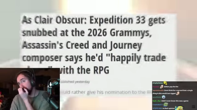 面对《Clair Obscur: Expedition 33》在2026年格莱美提名中被冷落，一位获得提名的作曲家表示愿意用自己的提名进行交换，承认该游戏更值得。