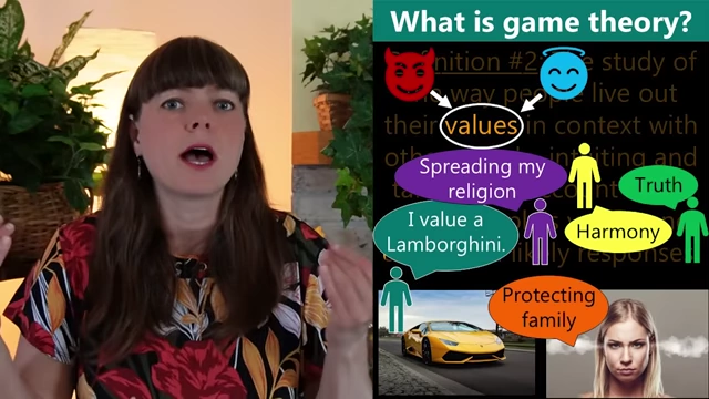 The ambiguous nature of "values" in game theory, encompassing both selfish and altruistic motivations
