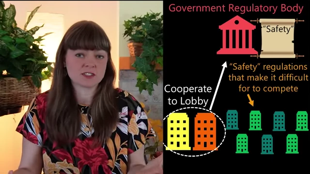Corporations cooperating to lobby a government regulatory body for "safety" regulations that hinder small businesses