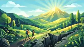 A detailed landscape illustration with two figures hiking towards a bright mountain peak, symbolizing the journey towards societal flourishing.