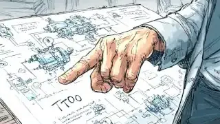 An image of a hand pointing to engineering blueprints, illustrating the technical aspect of normative science in designing societal systems.