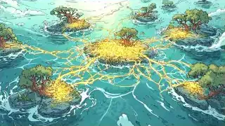 An aerial view of several islands connected by glowing yellow lines representing interdependencies. Each island has trees, indicating a limited ecosystem.
