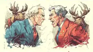 A split image depicting two stern-faced men, resembling political figures, glaring at each other with stags behind them. This visual metaphor illustrates the "stag hunt" game in resource competition.