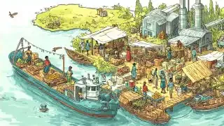 A vibrant scene of a bustling market by the water, with boats docked and people trading goods. This illustrates the "Trading" mechanism for resource sharing and social networking.