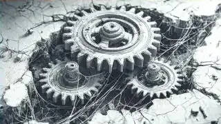 Three interconnected gears, partially broken and covered in cobwebs, are embedded in cracked concrete. This visually represents institutional failure or weakness.