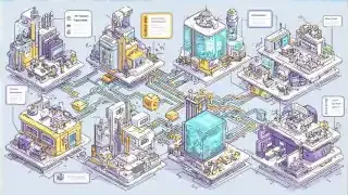 A vibrant diagram illustrating interconnected buildings and processes, symbolizing the complex framework of governance, capacity, and autonomy in a state.