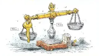 An image depicting a large, old-fashioned scale with a key on one side, labeled "Vols 1," and small houses on the other side, labeled "YAG." This represents the balancing act between different factors in governance, especially autonomy.