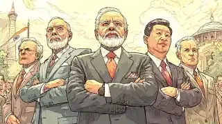 A group of political leaders, including Narendra Modi and Xi Jinping, standing confidently. This represents the concept of personality cults in politics.