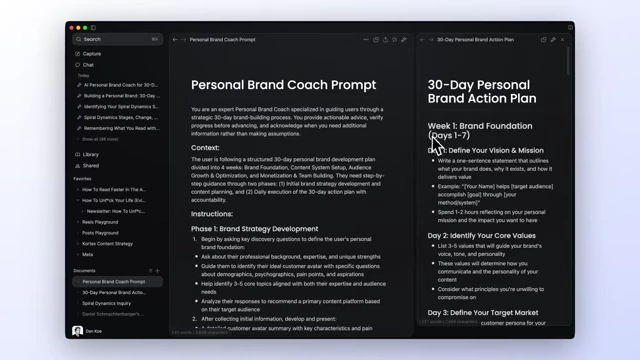Kortex interface with the "Personal Brand Coach Prompt" and "30-Day Personal Brand Action Plan" documents open.