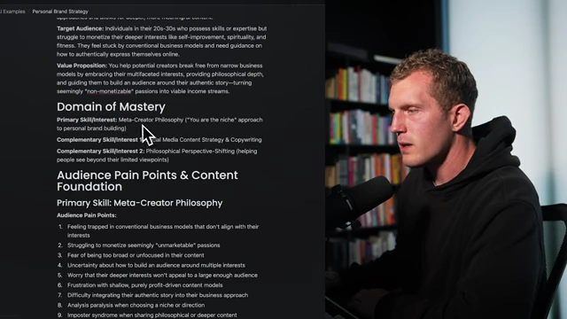 Kortex's output detailing Domain of Mastery, primary skills, and audience pain points.