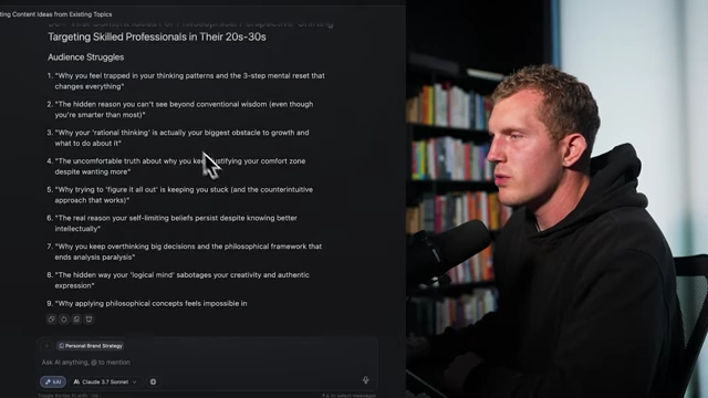 AI-generated content ideas categorized by audience struggles, desires, and beginner advice.