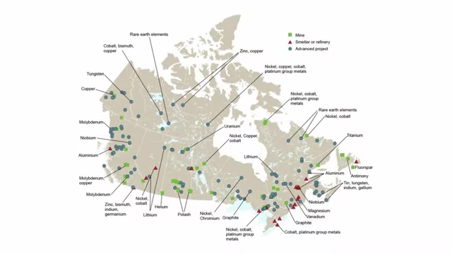 Map of Canada showing locations of various mines, smelters, refineries, and advanced projects for rare earth elements