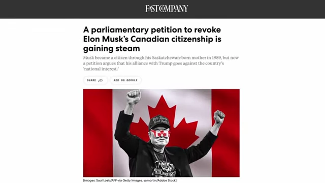 Fast Company article headline "A parliamentary petition to revoke Elon Musk’s Canadian citizenship is
