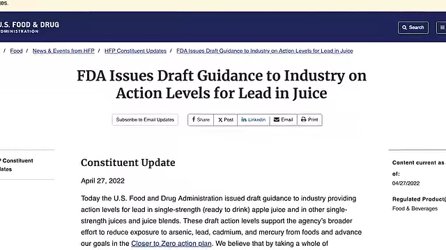A screenshot of FDA guidance regarding action levels for lead in juice, highlighting the potential for heavy metal contamination.