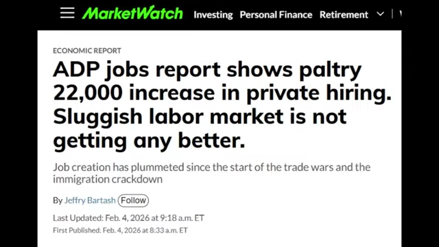 MarketWatch headline reports a paltry 22,000 increase in private hiring for January 2026, indicating a sluggish labor market.
