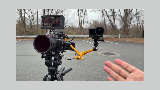 A secondary action camera mounted to a main rig using the Rosette Arm