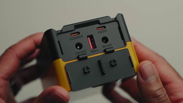 A close-up of the multiple output ports on the VB99 Pro Mini V-Mount Battery
