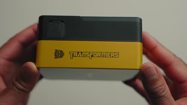 The back of the VB99 Pro Mini V-Mount Battery showing Transformers branding