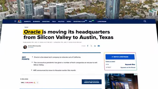 News headline: Oracle is moving its headquarters from Silicon Valley to Austin, Texas