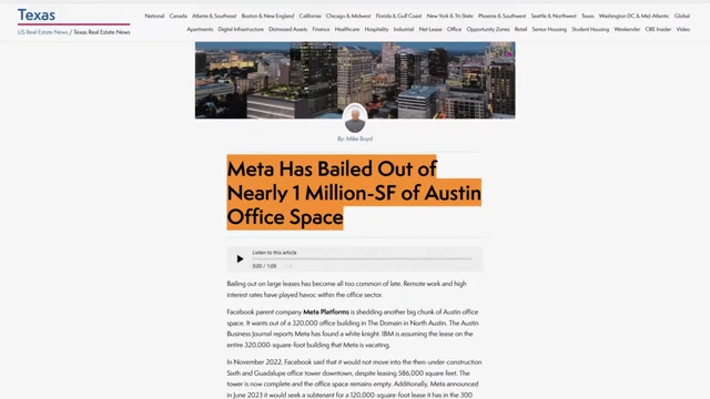 Article headline: "Meta Has Bailed Out of Nearly 1 Million-SF of Austin Office Space"
