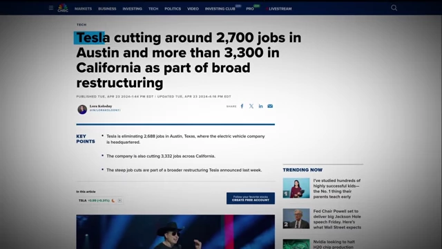 CNBC article headline: "Tesla cutting around 2,700 jobs in Austin"