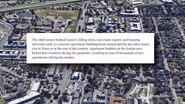 Article excerpt explaining that a massive apartment building boom is the chief reason for declining rents in Austin