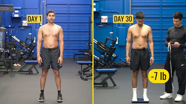 A side-by-side comparison of Nimesh on Day 1 versus Day 30, showing a visible reduction in his overall body size despite his feeling that his belly hadn't changed, with a -7lb weight loss indicated.