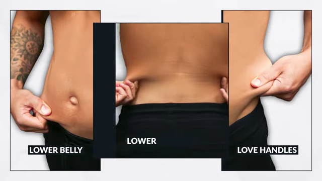 An illustration highlighting the lower belly and love handle areas as "stubborn fat" regions, where fat is harder to lose due to receptor distribution.