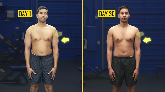A front-facing comparison of Nimesh on Day 1 and Day 30, highlighting areas like the shoulders and arms with yellow arrows to show visible leaning in these "easier" areas.
