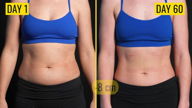 A side-by-side comparison of Nicole on Day 1 versus Day 60, showing an 8 cm reduction around her waist and the beginning of ab definition.