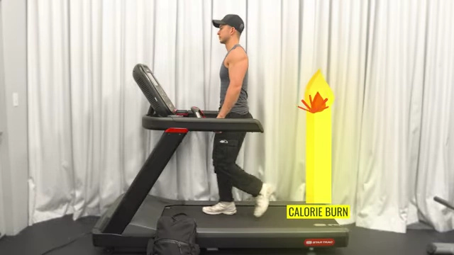 A man walking on a treadmill with a backpack removed, next to a dwindling flame labeled "CALORIE BURN," illustrating how less body mass reduces daily calorie expenditure.