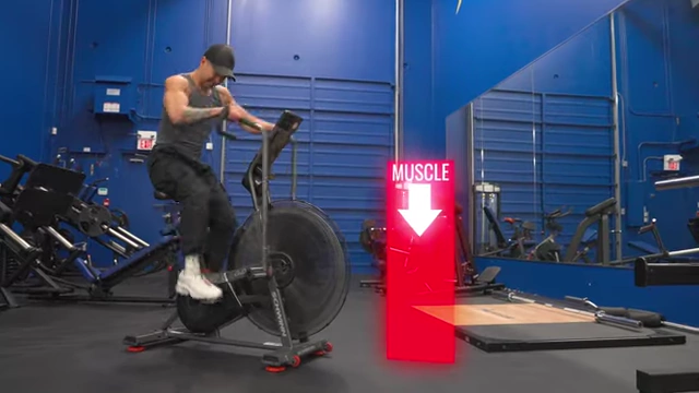 An animation of a person cycling intensely with a large red downward arrow labeled "MUSCLE," illustrating how excessive cardio and calorie restriction can lead to muscle loss during aggressive dieting.