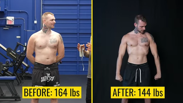 A side-by-side comparison of Dayton before (164 lbs) and after (144 lbs) weight loss, illustrating how much weight one might need to lose to achieve leanness, which can be surprising if muscle mass is overestimated.