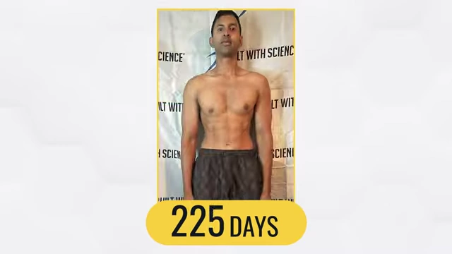 A sequence of Nimesh's progress photos at 30 days and 225 days, illustrating the gradual and steady nature of his fat loss journey.