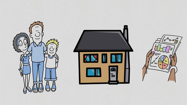 A family standing next to a house and a graph, representing home ownership as a form of wealth