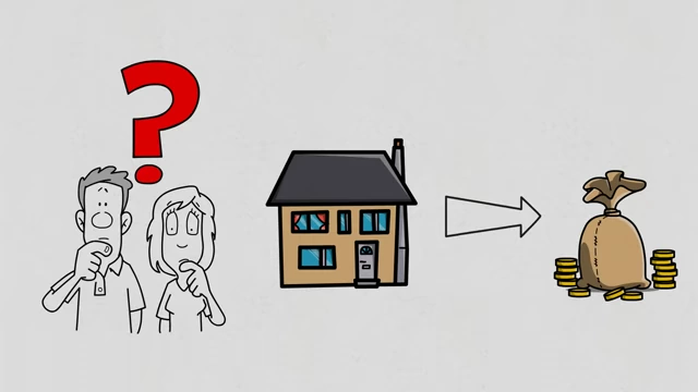 An image depicting the conversion of home equity into a bag of money, illustrating the process of liquidating this asset