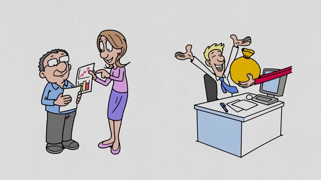 Two people looking at financial charts, with an individual celebrating by a desk with money and a bag of gold, representing passive income and financial freedom