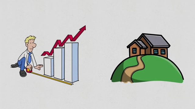 A graph showing rising prices and a house on a hill, representing increasing home values