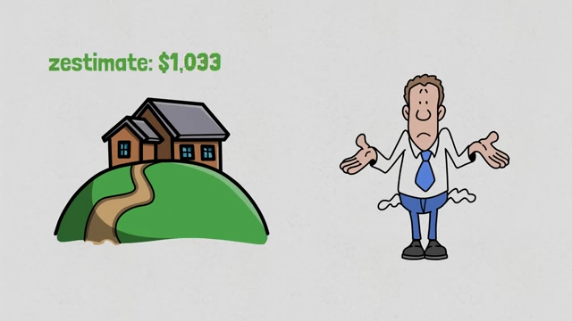 A house on a hill with a Zillow estimate, contrasted with a man whose pockets are turned inside out, symbolizing being asset-rich but cash-poor