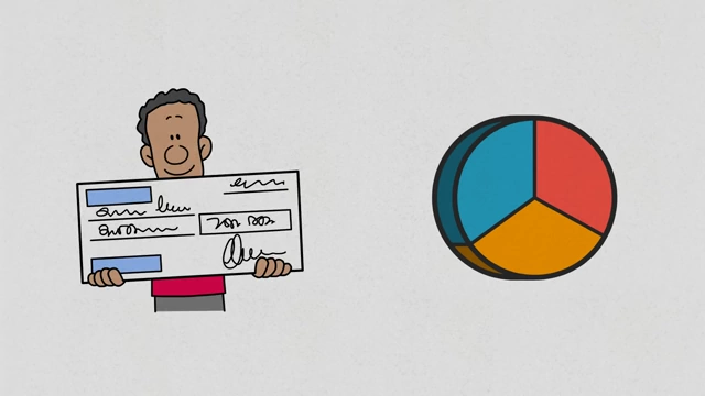 A man holding a check, with a pie chart representing a balanced financial portfolio including liquid assets and passive income