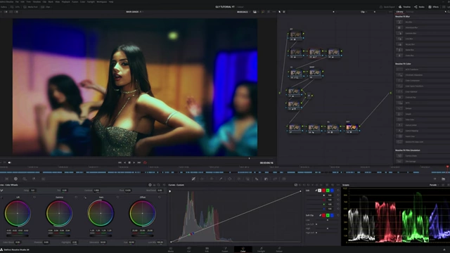 Overview of the DaVinci Resolve color grading interface with node graph and color wheels.