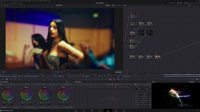 DaVinci Resolve interface demonstrating the Magic Mask feature and layer mixer for selective adjustments.