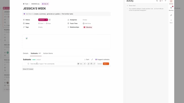 Weekly task view in ClickUp showing subtasks