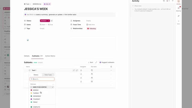 ClickUp task status dropdown showing days of the week