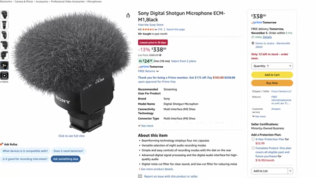 An Amazon listing for the Sony Digital Shotgun Microphone ECM-M1.