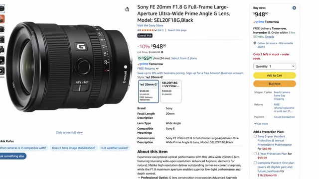 Amazon listing for the Sony FE 20mm F1.8 G Full-Frame Large-Aperture Ultra-Wide Prime G Lens.