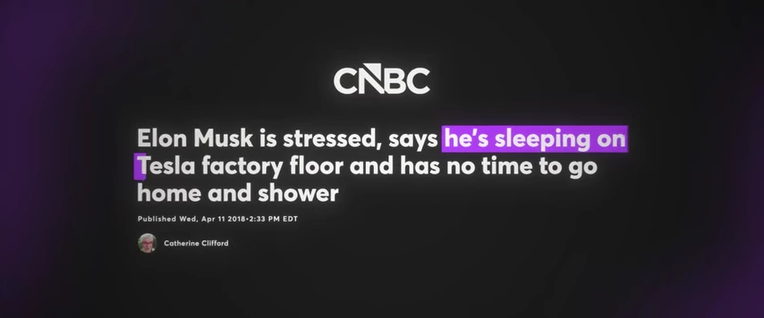 CNBC新闻标题：“Elon Musk压力重重，称他在特斯拉工厂地板上睡觉，无暇回家洗澡”。