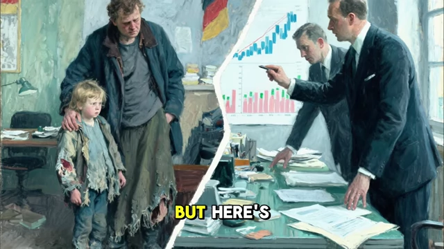 A split image showing a poor German family on one side and wealthy bankers discussing charts on the other