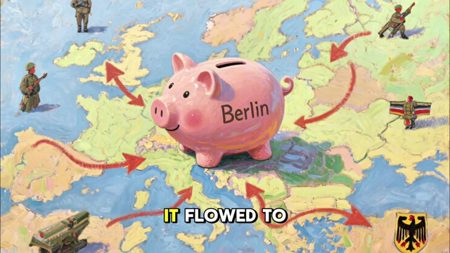 A map of Europe with arrows pointing from various territories to a "Berlin" piggy bank, symbolizing the flow of extracted resources